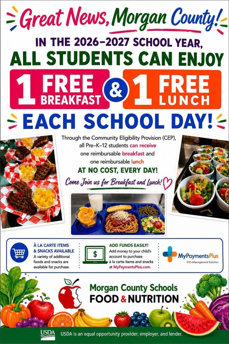 students receive 1 free breakfast and lunch during school year