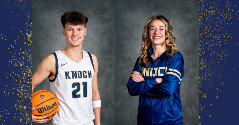 boy basketball player holding ball dressed in uniform, girl wrestler smiling in warm-ups
