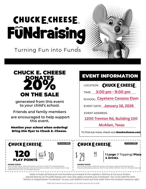 Chuck E Cheese fundraiser Jan. 16th 3-9