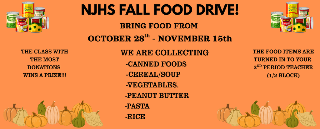 Fall food drive announcement with colorful pumpkins and canned food items.