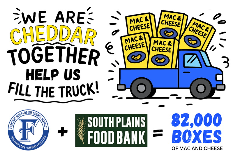 Graphic with a truck full of mac and cheese boxes explaining the Food Drive.
