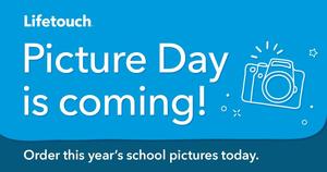 Announcement for upcoming school Picture Day with a camera illustration.