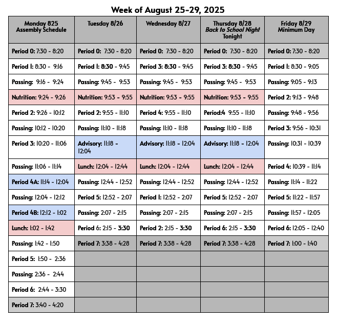 THIS WEEK'S BELL SCHEDULE - AUG. 25-29