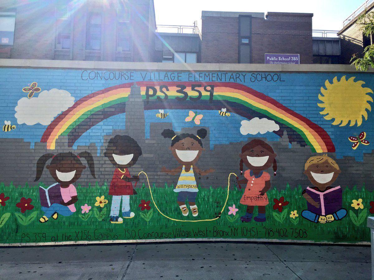 Five children smiling under a rainbow.