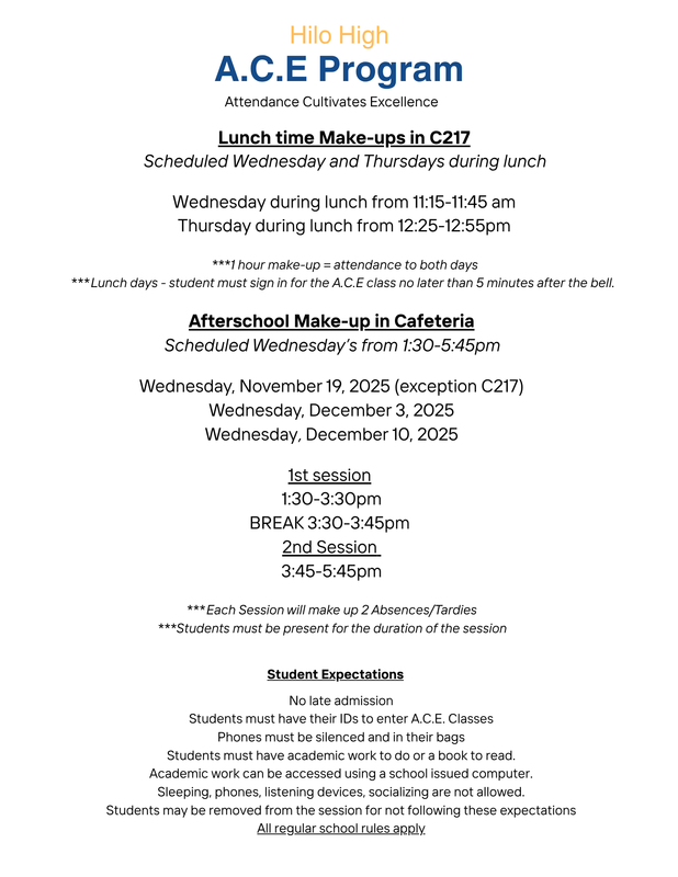 A.C.E. Program Schedule for November and December