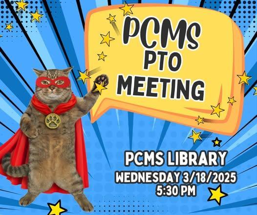 The PCMS PTO is holding a Public PTO Meeting next Wednesday at 5:30 PM in the PCMS Library, and we’d love for you to join us.