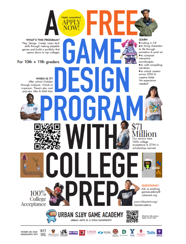 Promotional poster for a free game design program with college prep information.