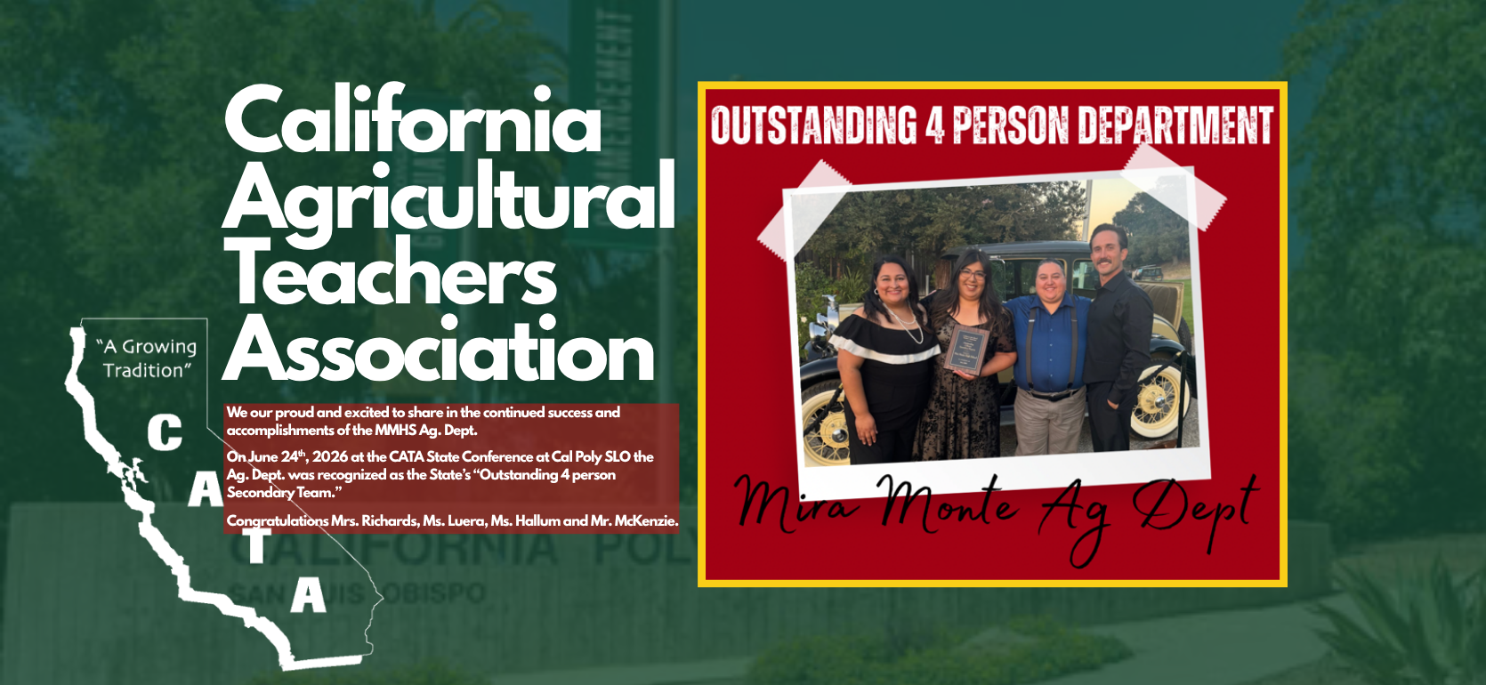 California Agricultural Teachers Association event announcement with award recipients.
