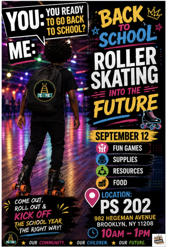 Flyer promoting roller skating event for back to school