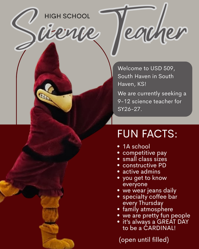 High School Science teacher opening for 2026-2027