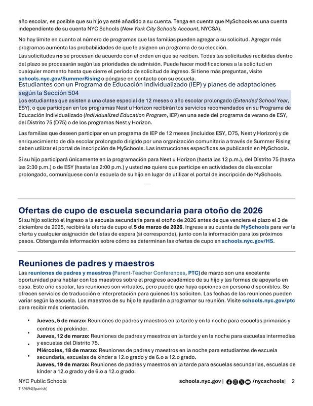 Message to Our Families. Latest updates in NYC Public Schools. March 2026. Spanish 2