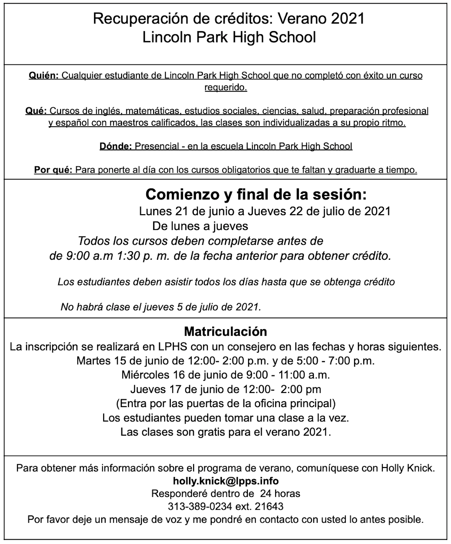 Lincoln Park High School Summer Learning Opportunities Lincoln Park