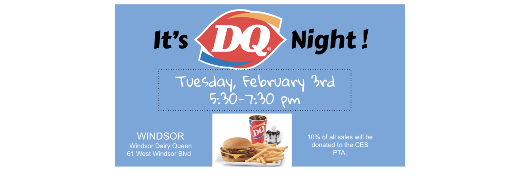 Event announcement for DQ Night at Windsor Dairy Queen with food images.
