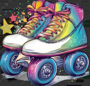 Colorful roller skates with vibrant laces and a bright background of stars.