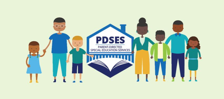 Two brown and Black families standing with a logo for Parent-Directed Special Education Services