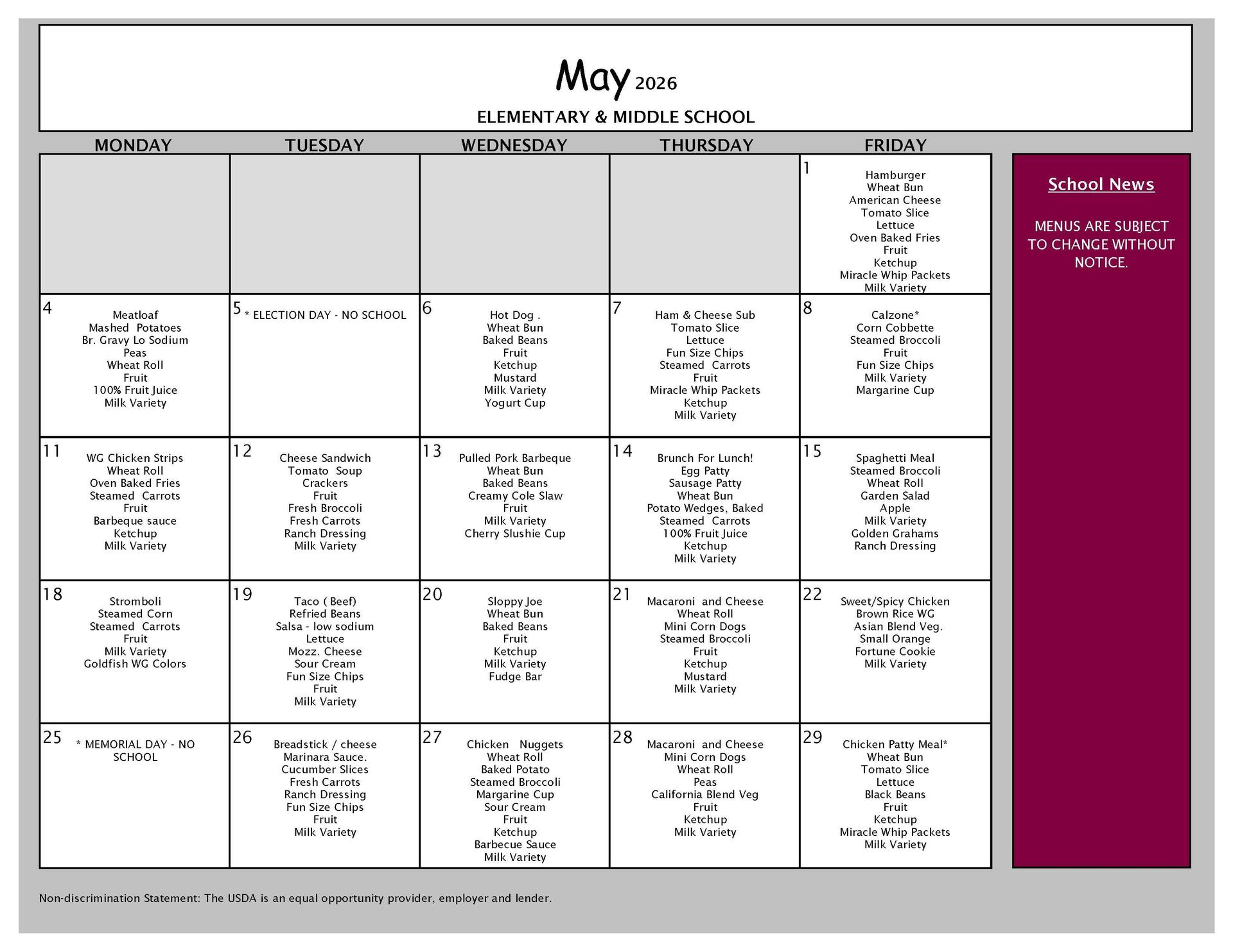May Lunch Grades PK-8