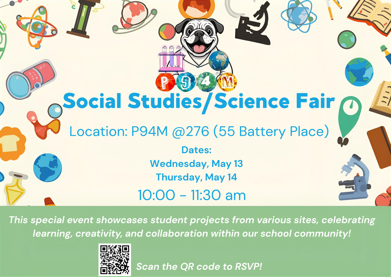 P94M bulldog logo in a science lab coat with science and social study icons