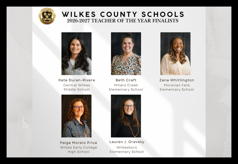 Five Finalist for 2026-2027 Teacher of the year displayed.