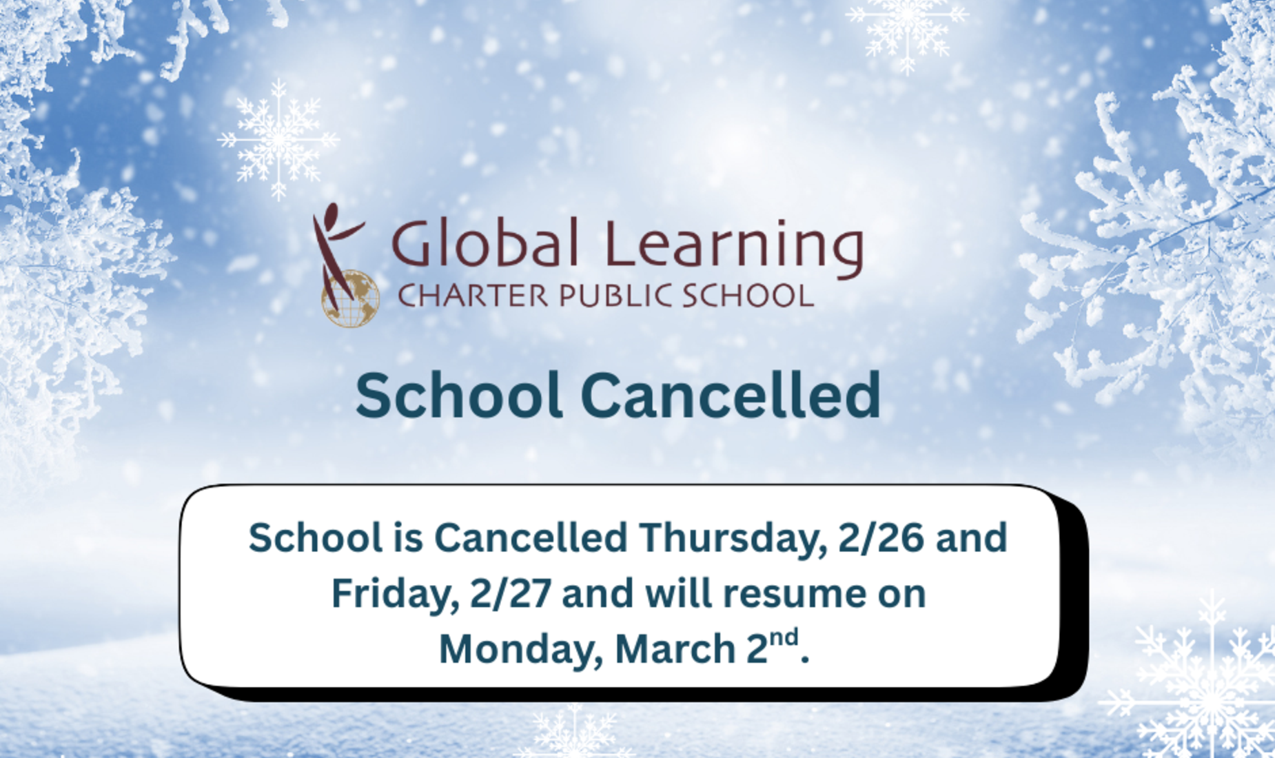School Cancelled 2/26 and 2/27 (English)