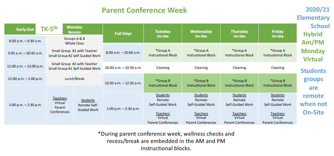 Table with Elementary Hybrid Parent Conference Week Schedule