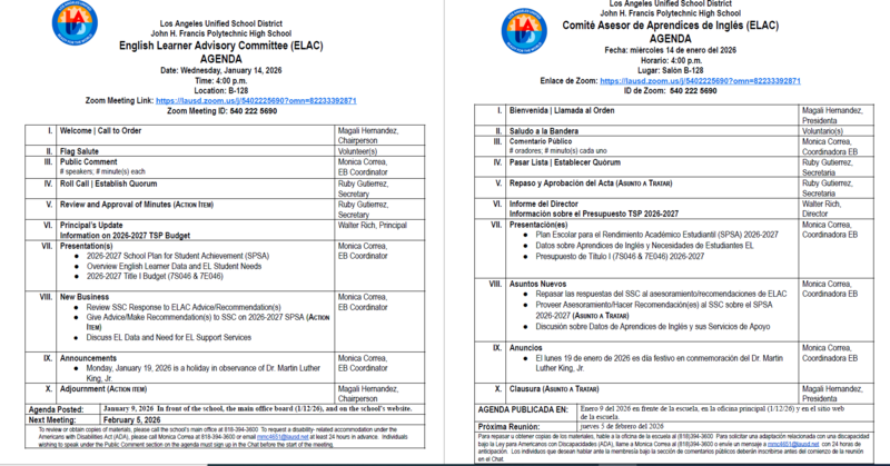 English Learner Advisory Committee (ELAC) - Wednesday, January 14, 2026