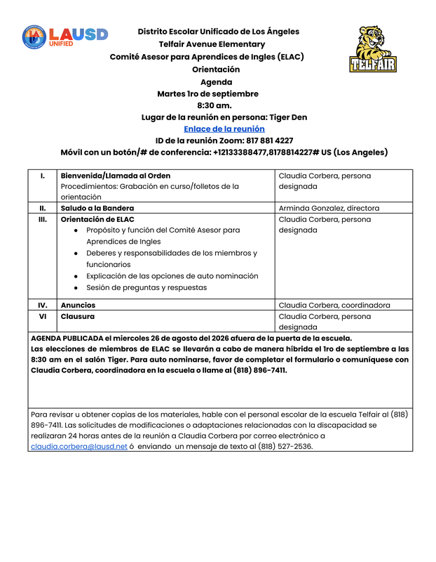 ELAC & SSC Parent Orientation Agenda in spanish PNG image