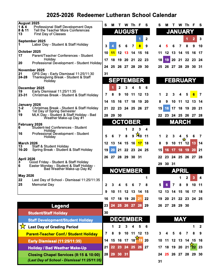 Redeemer Lutheran School Austin TX - School Calendar 2025-26