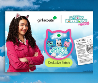 Gabby's Dollhouse actress with Girl Scout Logo and movie badge