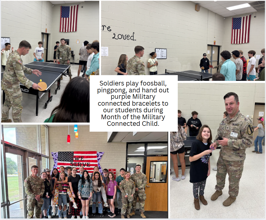 Students and military playing at lunch