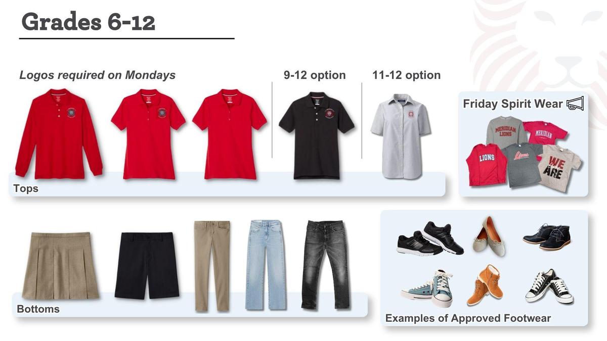 A selection of uniform tops, bottoms, and shoes