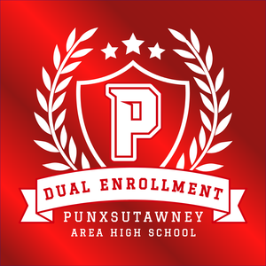 red shaded background with white college style olive branch and shield surrounding Punxsutawney P logo