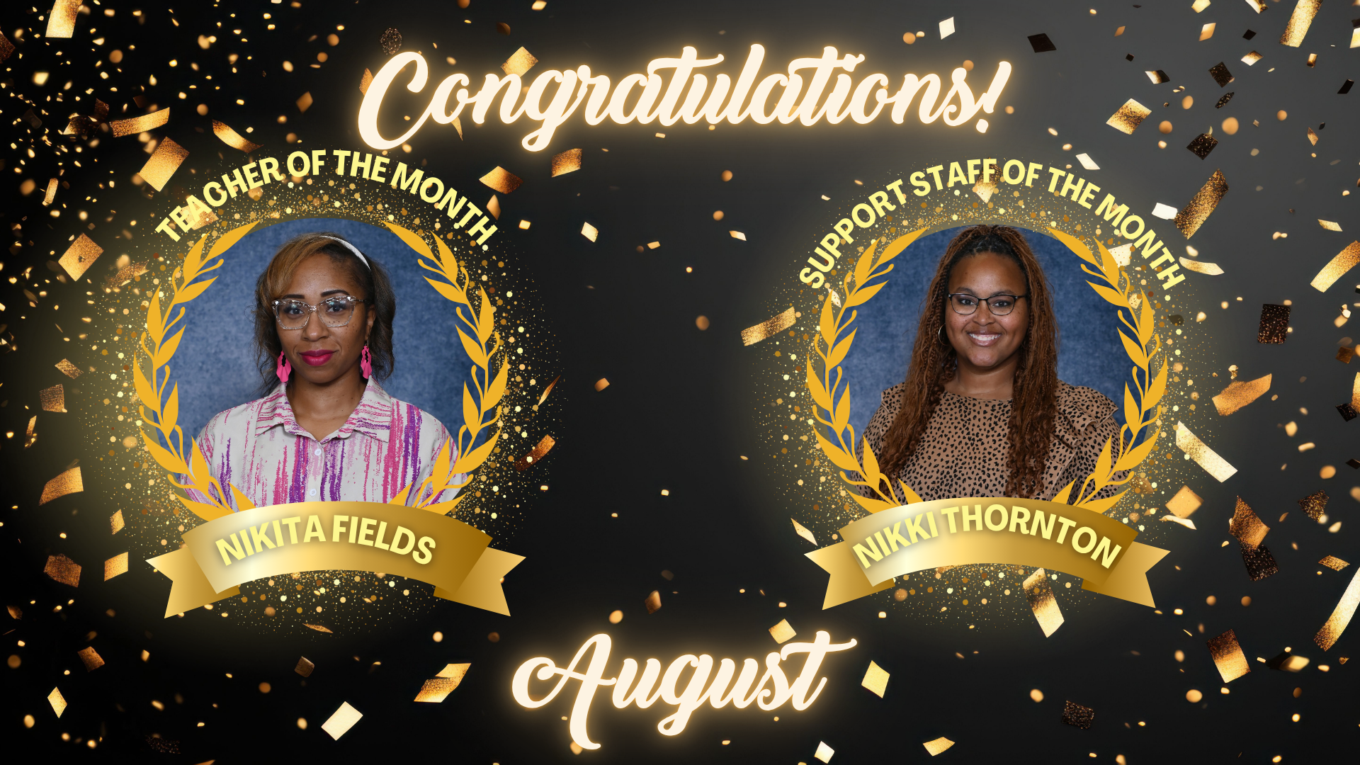 Two framed portraits of award winners with gold accents and confetti.