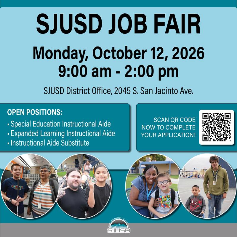 SJUSD Job Fair Graphic and QR Code