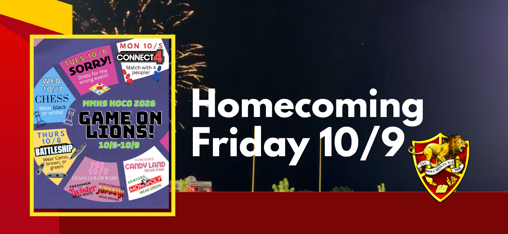 Event poster for Homecoming featuring activities and dates against a fireworks backdrop.