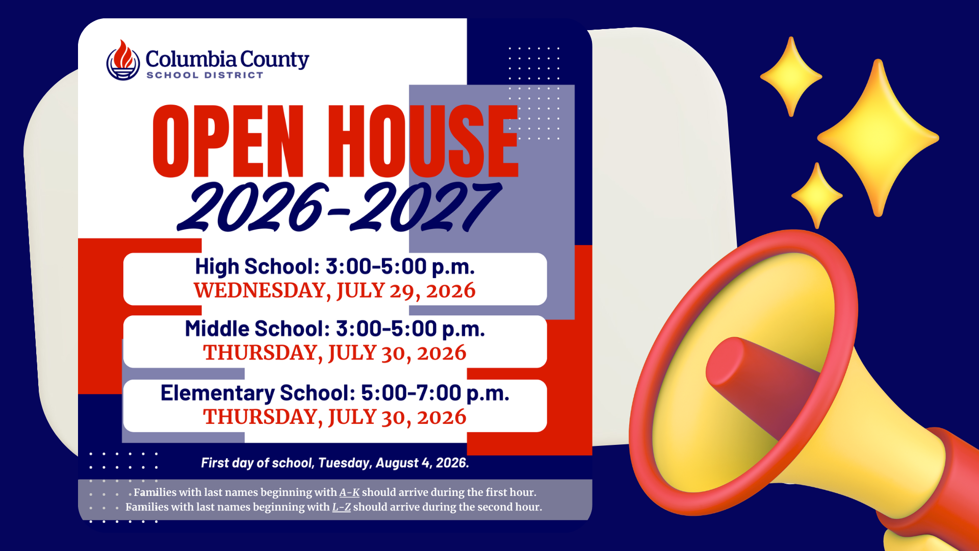 Open House schedule with date and times for different school levels.