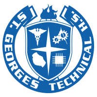 Blue seal of Georges Technical Institute with various symbols and the year '15' and '5th'