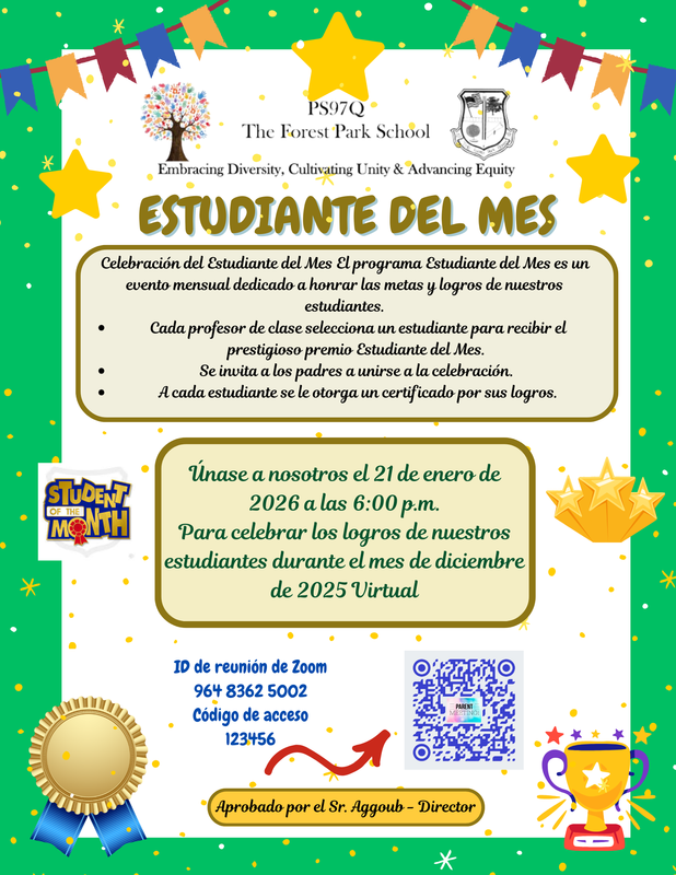 Colorful flyer announcing the Estudiante del Mes celebration with details in Spanish.