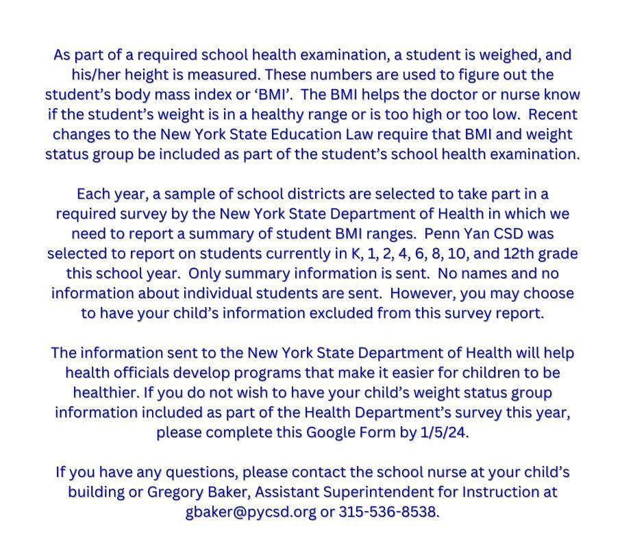 Notice from the NYS Department of Health Penn Yan Academy