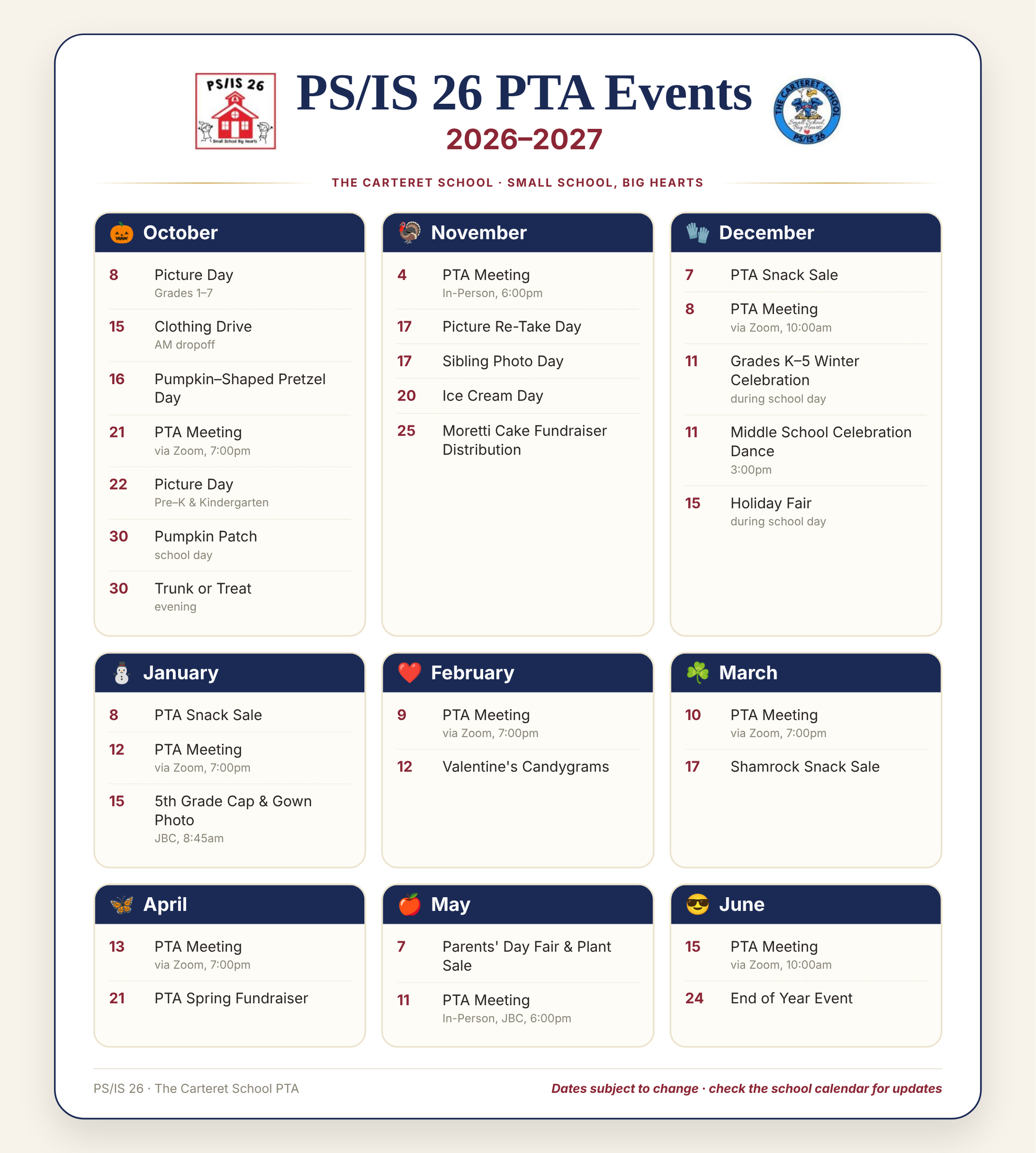 PS/IS 26 PTA Events Calendar 