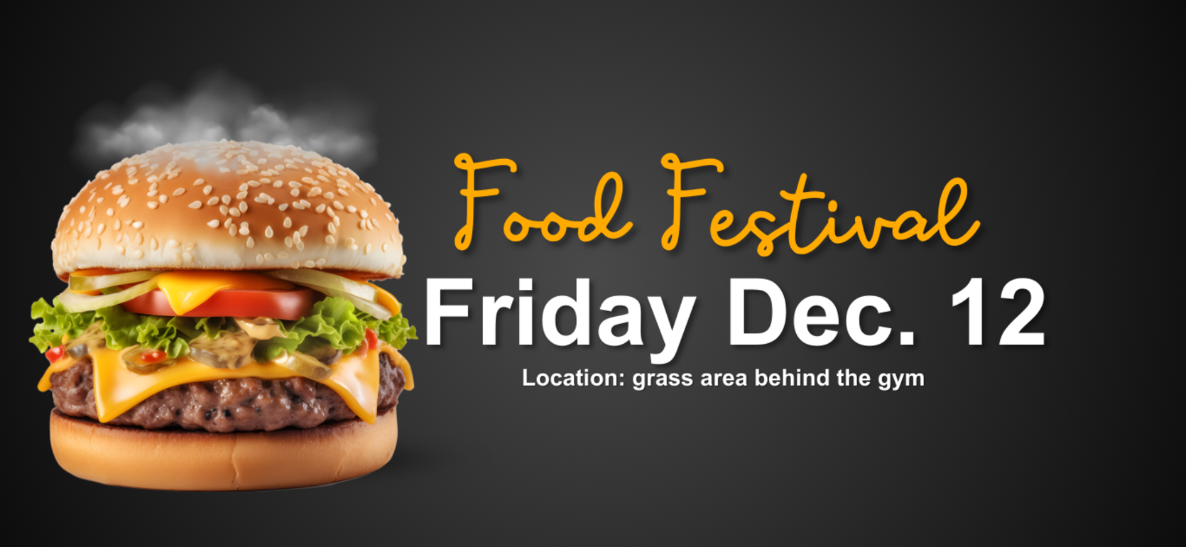 A cheeseburger with toppings beside text about a food festival on Dec. 12.