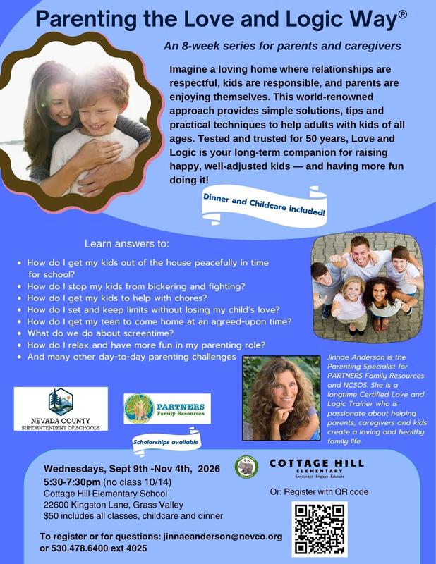 Flier for Love and Logic Parenting Class starting Wednesday Sept 9th and meeting weekly until November 4th, 2026 from 5:30-7:30 (no class on 10/14)