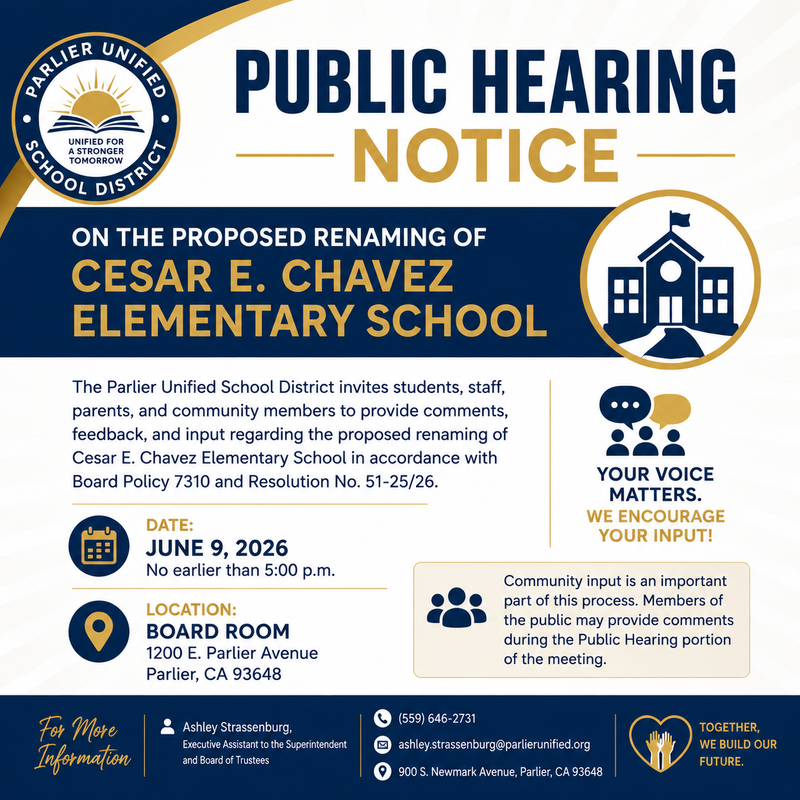 NOTICE OF PUBLIC HEARING ON THE PROPOSED RENAMING OF CESAR E. CHAVEZ ELEMENTARY SCHOOL Featured Photo