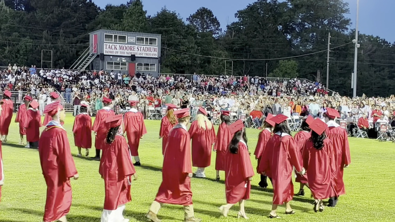 Northeast High School graduation seniors marching onto the field