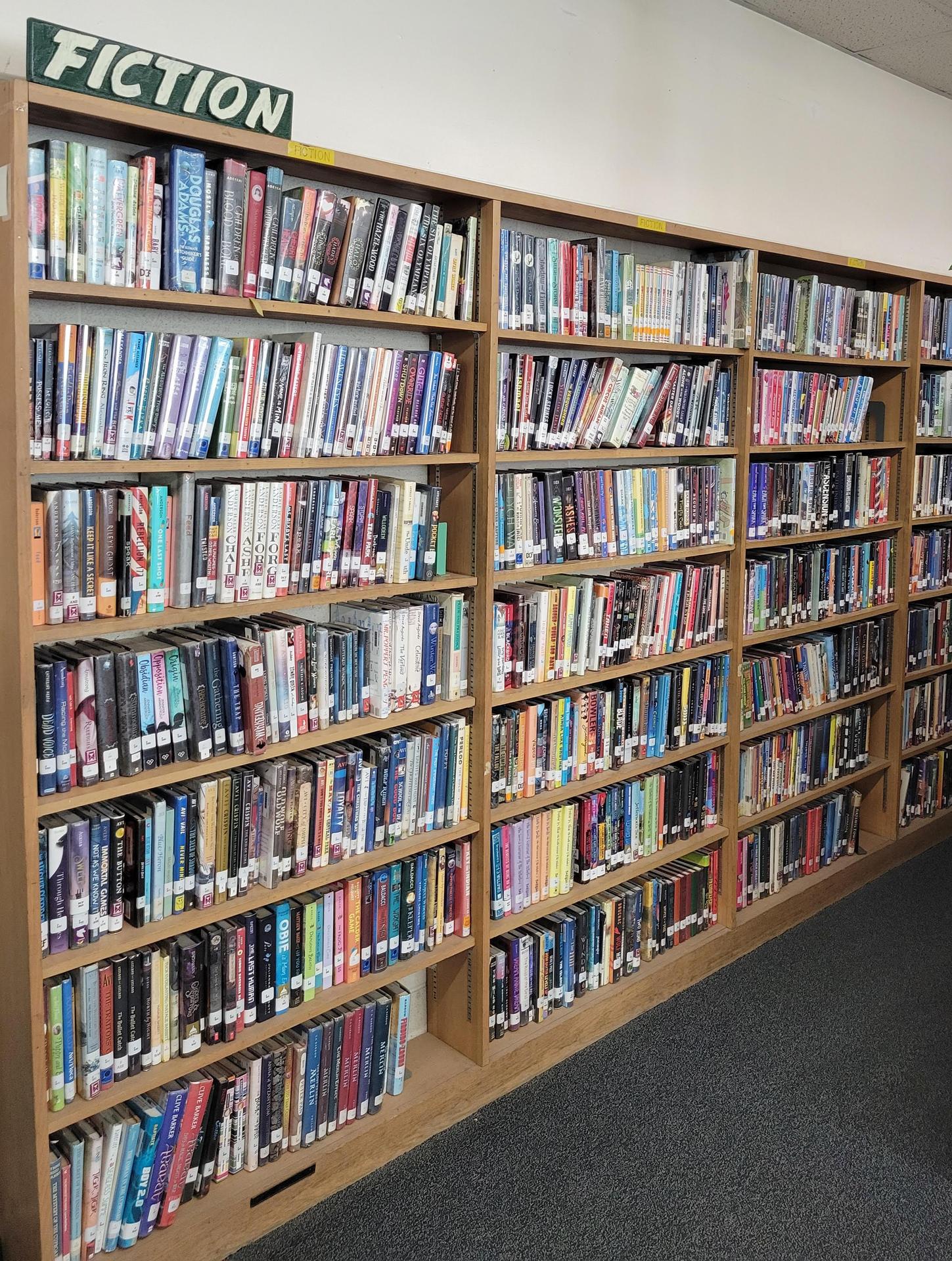 stacks of books on a library shelf