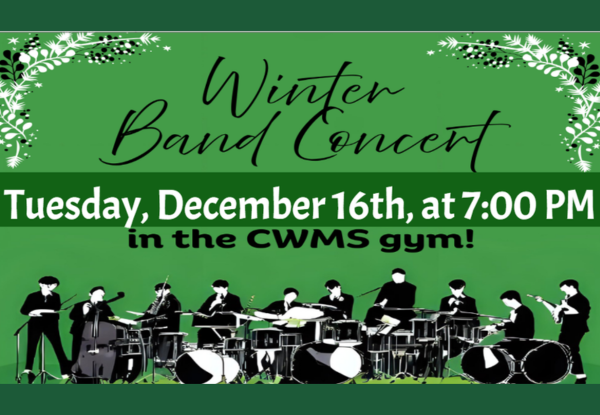 Announcement for the Winter Band Concert with musicians performing on stage.