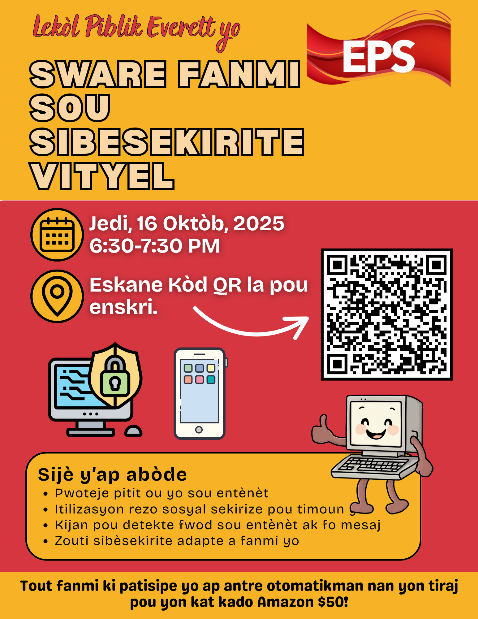 Virtual family night flyer on cybersecurity in Haitian Creole with QR code.