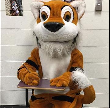 A tiger mascot sitting at a desk, writing with a pencil.