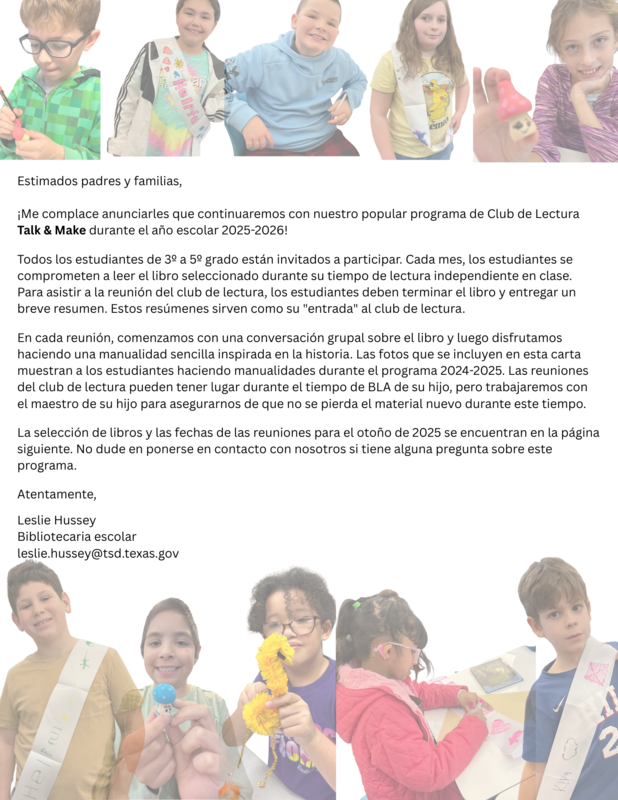 Información del Club de Lectura Talk & Make para 3.º–5.º grado, 2025–2026, con libros mensuales, discusiones y manualidades.