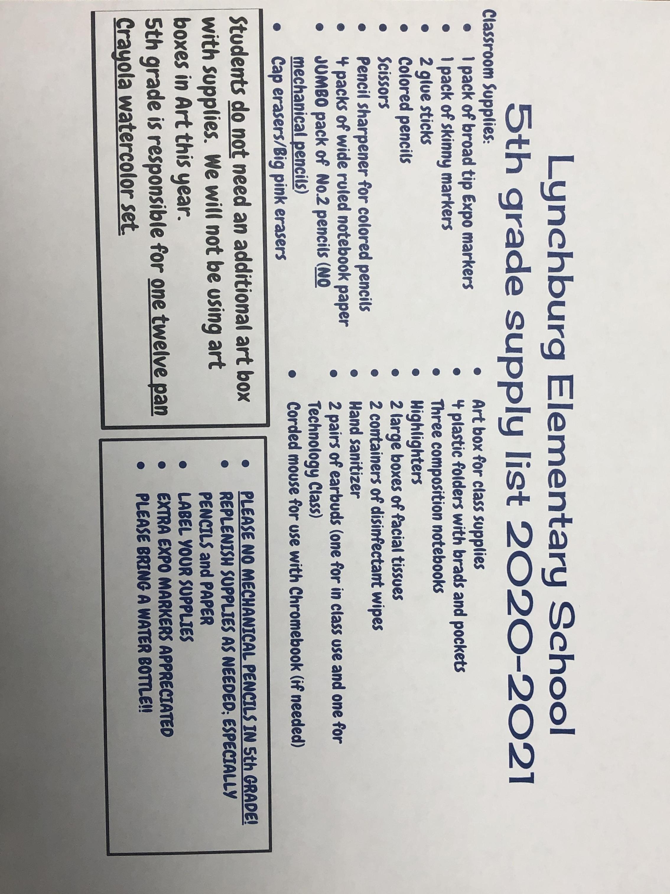 Supply Lists Lynchburg Elementary School Moore County Schools
