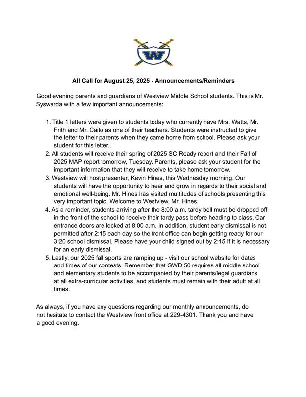 All Call to Parents for August 25, 2025